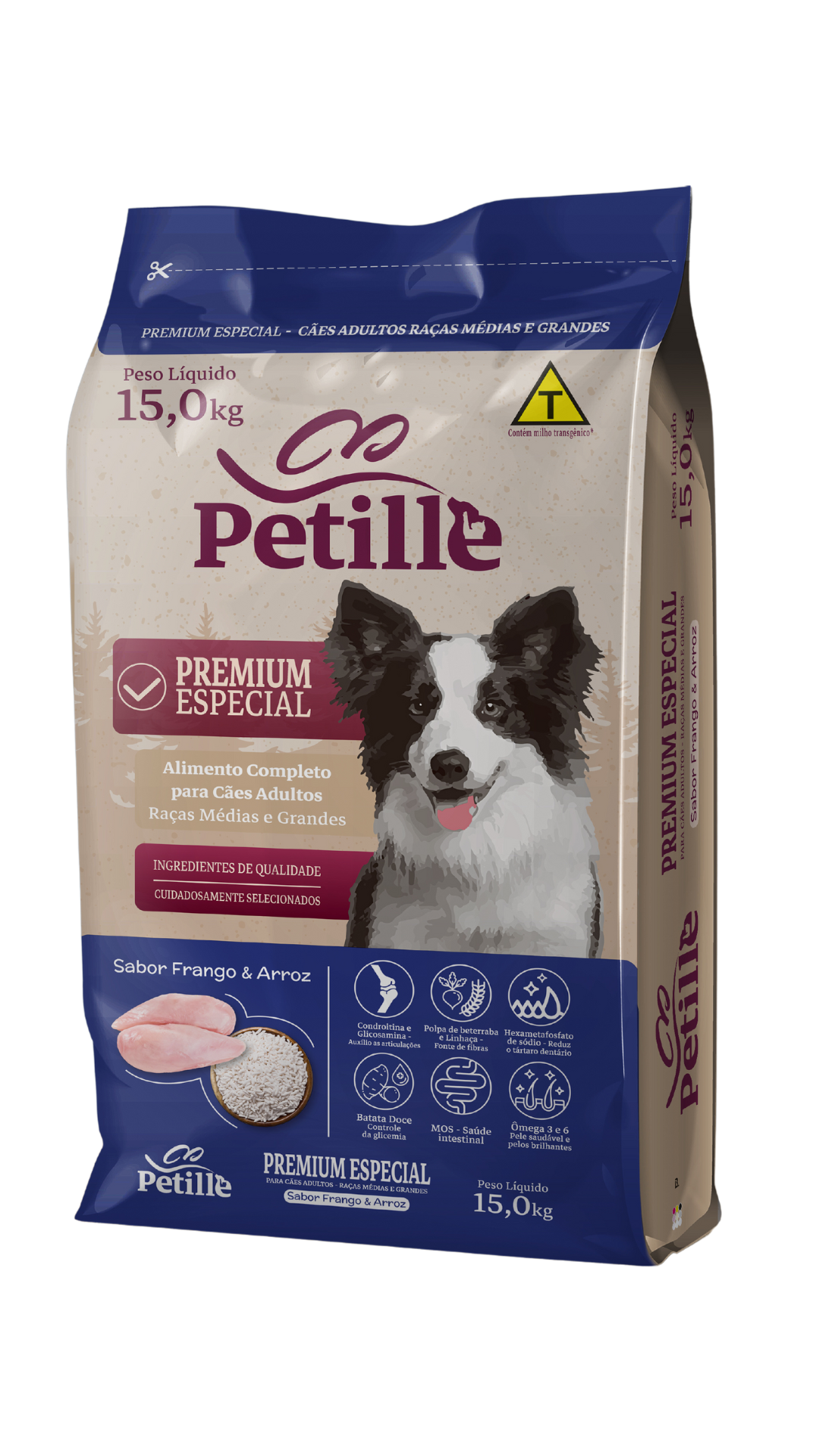Petille Cães Adultos Raças Médias e Grandes Sabor Frango e Arroz