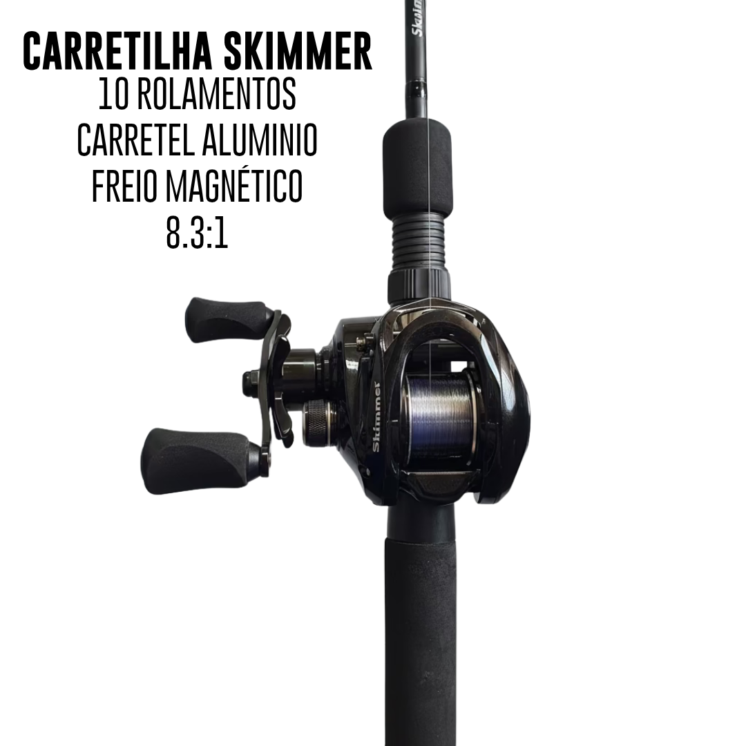 Carretilha Skimmer + Vara gladiador com spinner e linha Max force