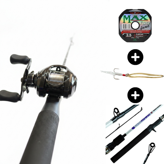 Carretilha Skimmer + Vara gladiador com spinner e linha Max force